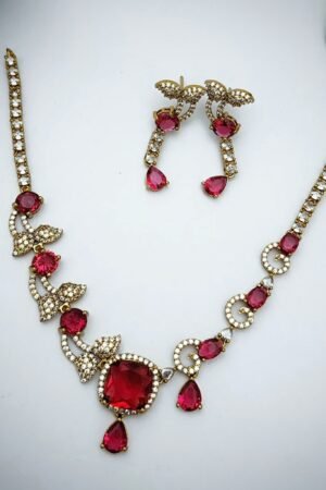 Dolphin Tailed Stoned Necklace- Red